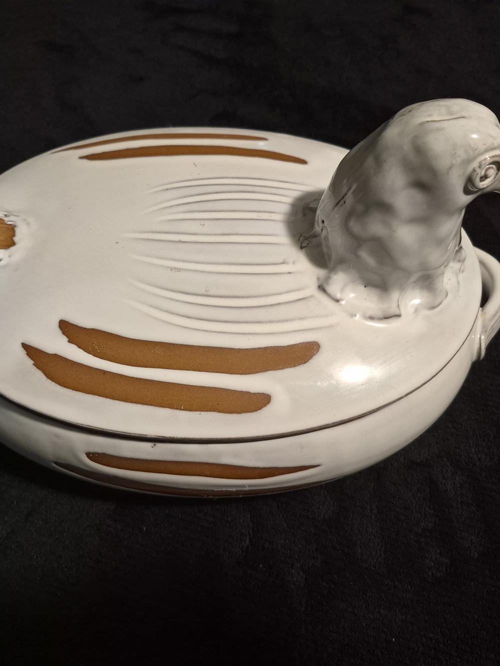Vintage Italian White Glazed Terracotta Bird Covered Casserole Dish